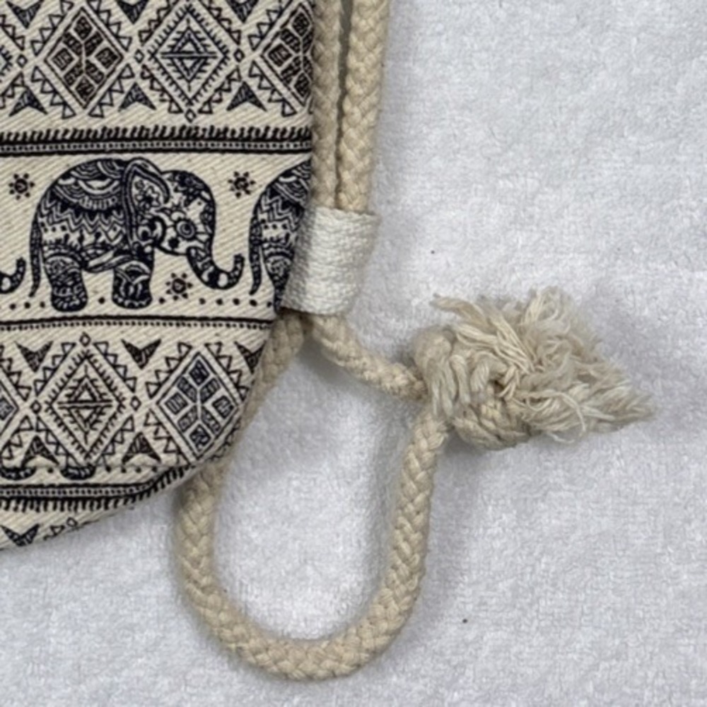 Thai Elephant Print Canvas Drawstring Backpack Bag Boho Cream Navy 15x12x3 - Picture 3 of 7